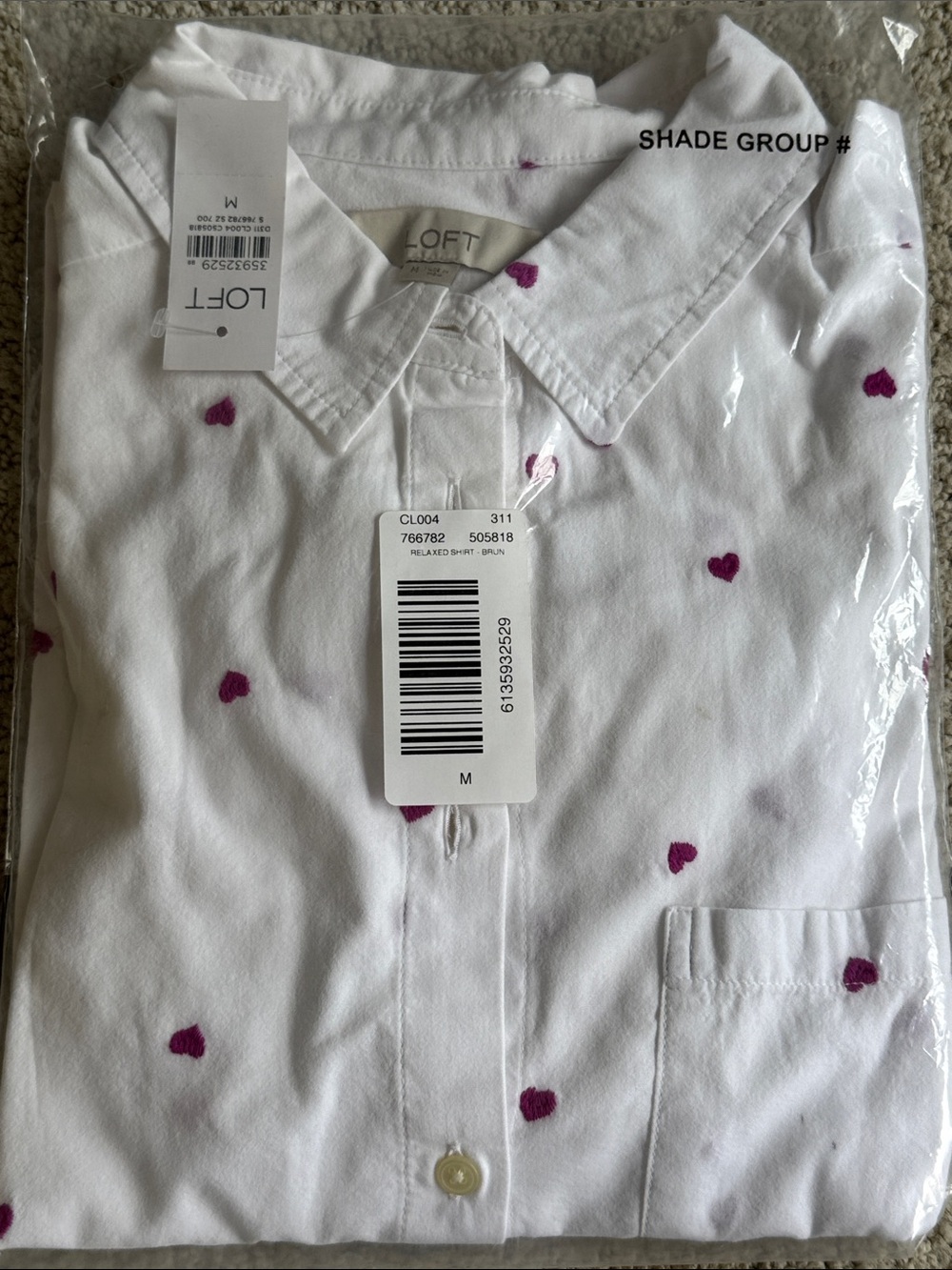 LOFT White Button-Down Shirt with Pink Heart Dots